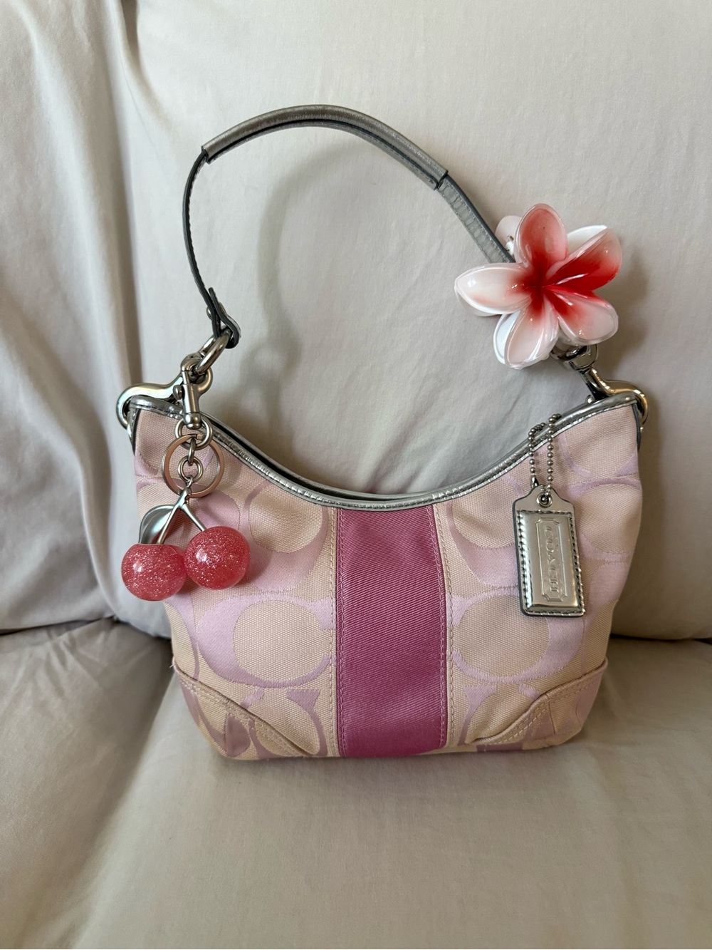 Coach Pink and Light Pink Signature Shoulder Bag with Silver Trim